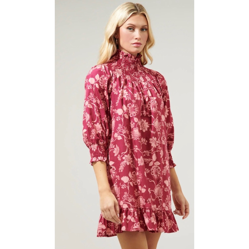 SugarLips Mulberry Floral Smocked Mini Dress Women's Medium Cute Cotton Flowy